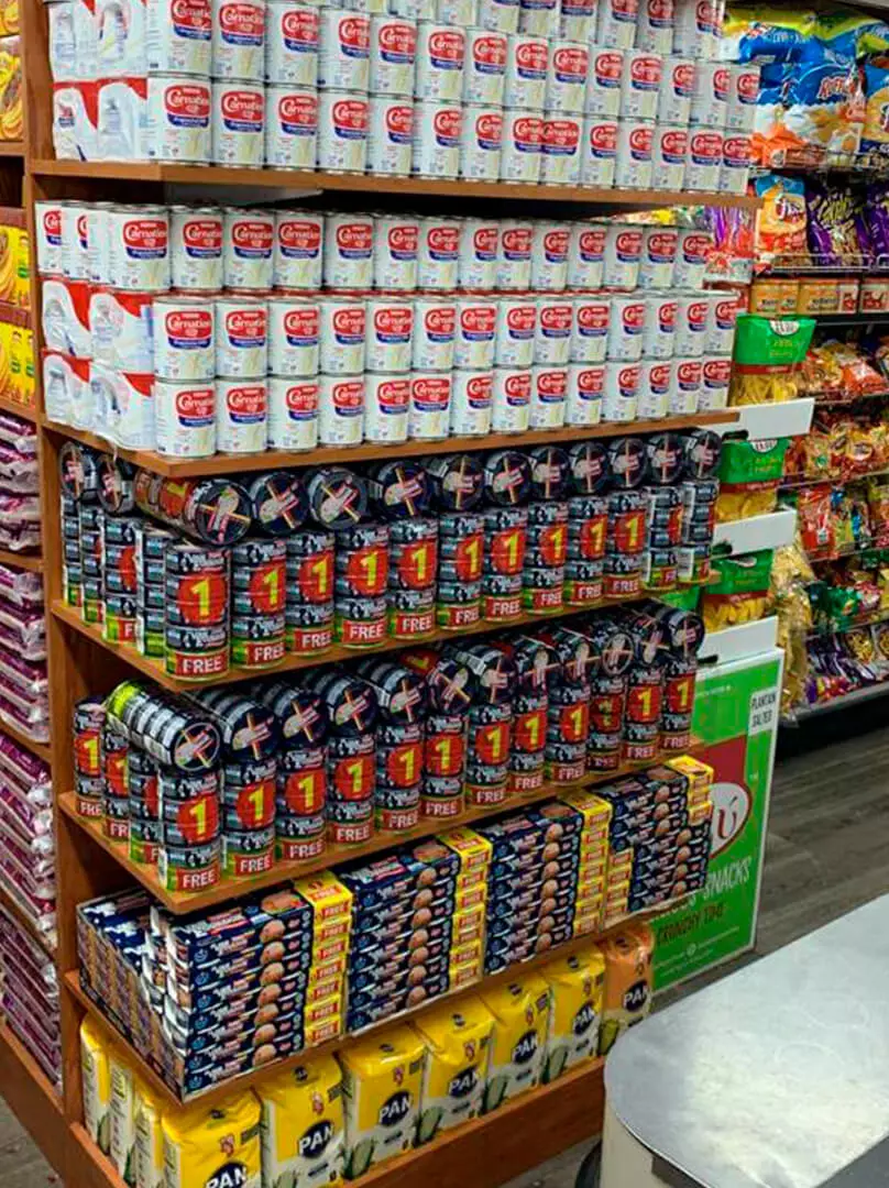 shelf with cans and bread flour