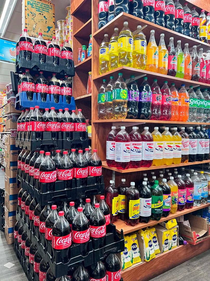 shelf of carbonated soft drinks at La Placita Meat Market